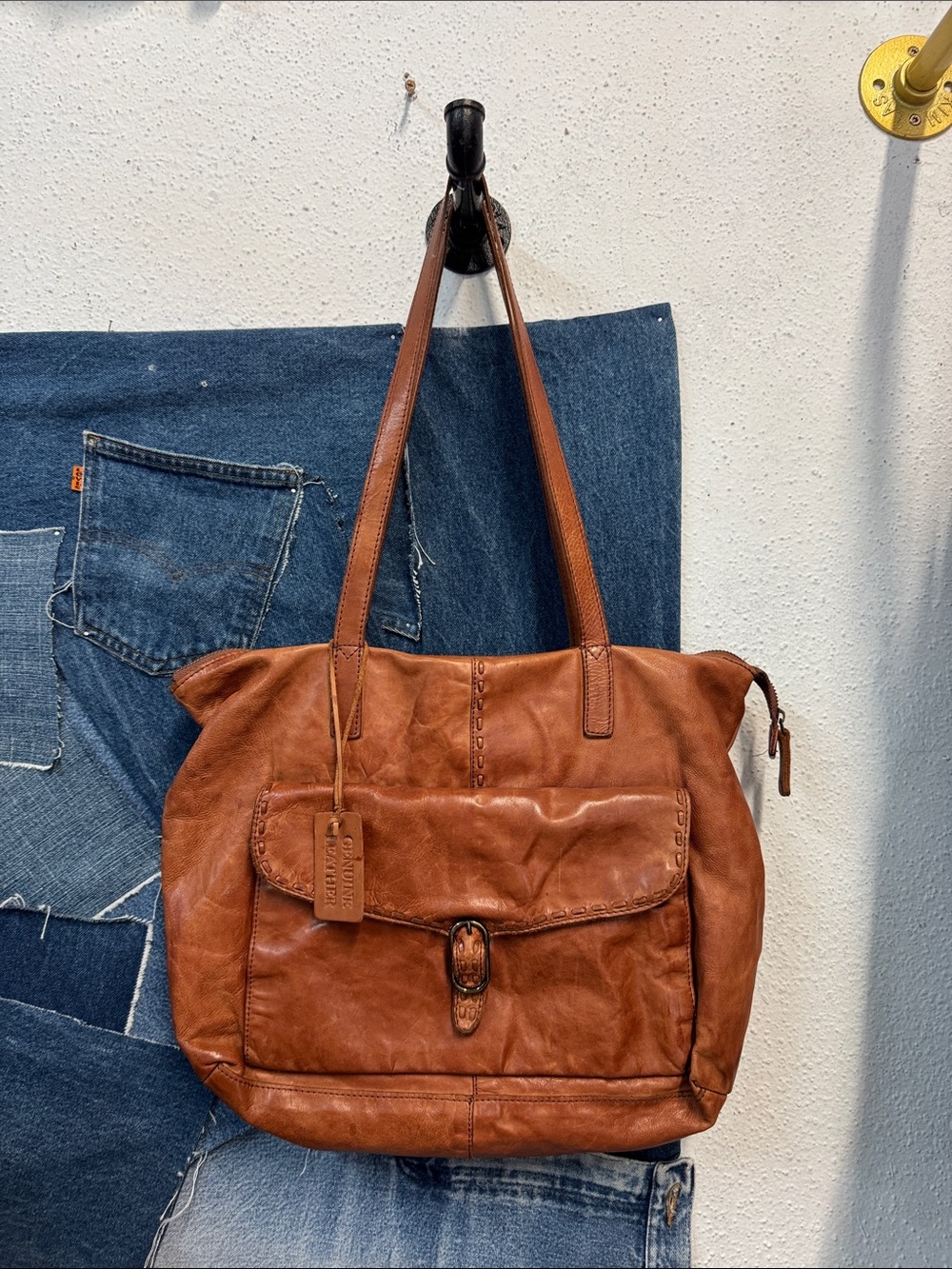 Genuine Leather Shoulder Tote Bag in Cognac Brown - Classic Carryall